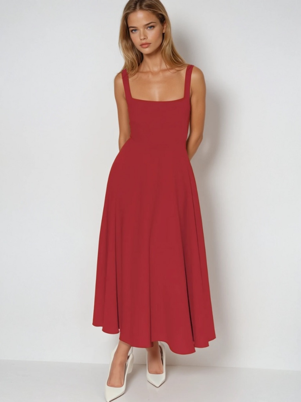 Sleeveless Square Neck Midi Dress in Deep Red